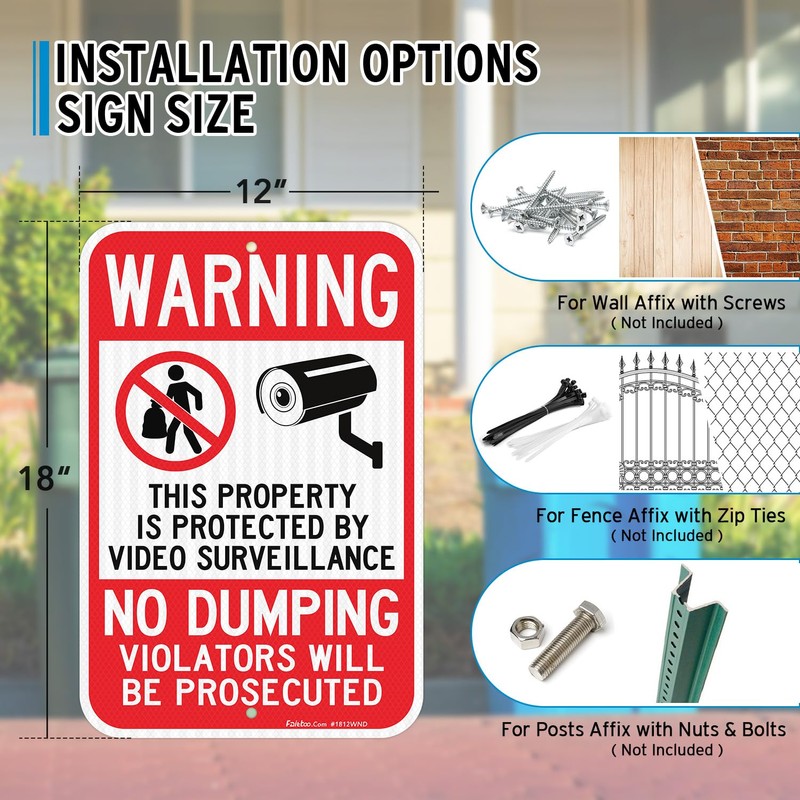 Faittoo Large No Dumping Sign, Property Protected By Video Surveillance