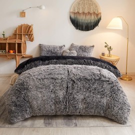 MEGO Luxury Shaggy Duvet Cover Set Ultra Soft Faux Fur Fluffy Comforter Set Fuzzy Bedding 3 Pieces(1 Duvet Cover + 2 Pillow Shams),Zipper Closure(Queen,Black Ombre)