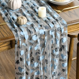 Artoid Mode Gauze Tulle Blue Grey Pumpkins Leaves Autumn Table Runner 70 x 300 cm Kitchen Table Decoration Indoor Holiday Party Decor