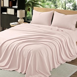 OnlySet 4Pcs Organic Linen Sheets Queen Size, 100% French Linen from Normandy, Breathable Pink Queen Sheet Set with 16 Inch Deep Pocket, 1 Flat Sheet, 1 Fitted Sheet, 2 Pillowcases