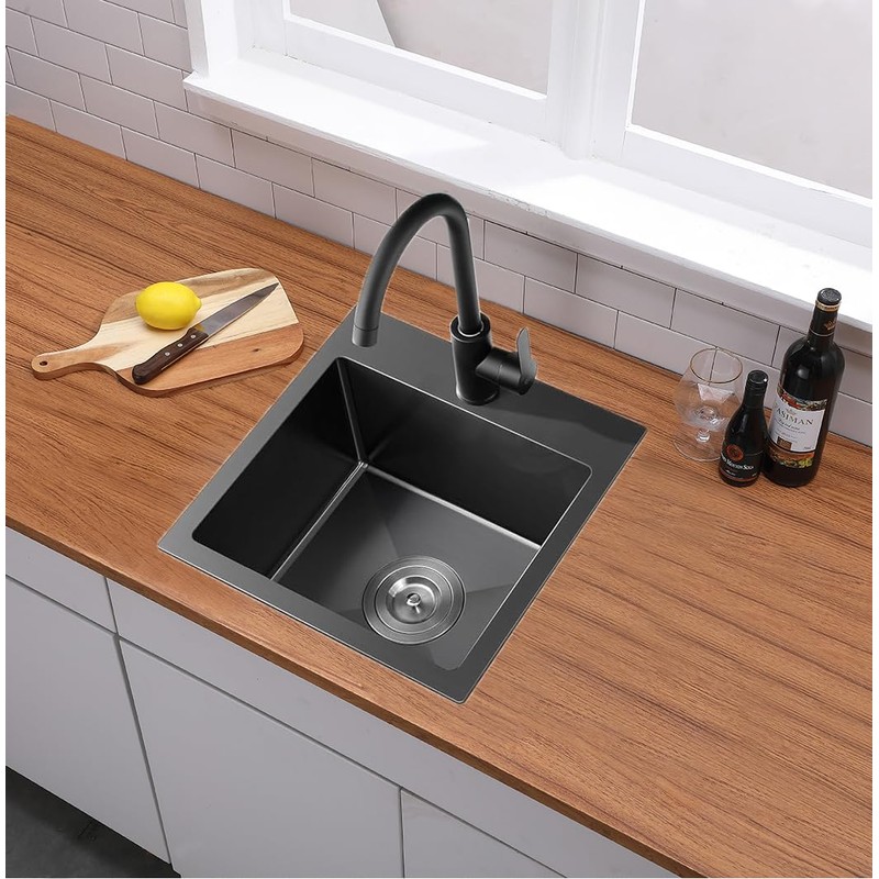 VALISY 18x18 Inch Black Bar Sink Drop In, Topmount Stainless