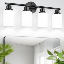 Guliaofo Bathroom Light Fixtures, 4-Light Matte Black Bathroom Vanity Light Fixture, Modern Bathroom Light Fixture with Frosted Glass Shade, Black Vanity Wall Lamps for Bathroom Mirror, E26 Base