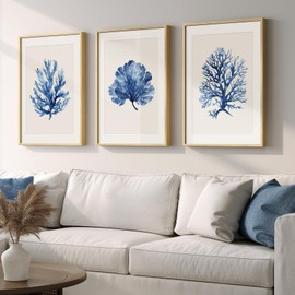 Framed Coastal Coral Wall Art for Living Room, Large Navy Blue Watercolor Coral Artwork for Walls, 3 Piece Minimalist Ocean Beach Marine Plants Pictures Prints for Bedroom Hallway Wall Decor, 16x24 In