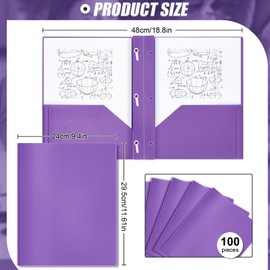 Lincia 100 Pcs Plastic Folders with Pockets and Prong Folders with Prongs Plastic Folders with 2 Pockets Pocket Folders for Office, School for Students, Teachers, Office Workers (Purple)