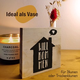 Willkommensgeschenk - Willkommen Holzbild + Reagenzglas zum Hinstellen opt. als Vase oder Geldgeschenk - Willkommen Zuhause, Du Bist Wunderbar, Wohnzimmer Deko, Schöne Geschenke, Einzug