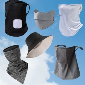 Golf UV Protection 6-Piece Collection: Cool Masks/Large Sizes Bucket Hat/Neck Warmer/Cool Scarf 2-Face Mask-Light Gray 2ea
