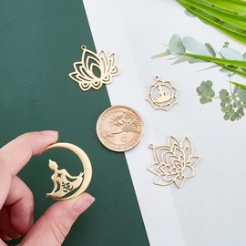 UNICRAFTALE Stainless Steel Lotus Pendant Summer Lotus Charms Golden Moon Yoga Charms Flower Dangle Charms Earring Pendant for DIY Jewellery Making, Stainless Steel