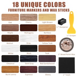 SEISSO Furniture Repair Kit, 18 Colors Touch Up Markers and Wood Filler Sticks with Wood Polish Wax - Furniture Touch Up Kit Cover Up Scratches, Stains, Holes for Wooden Table, Cabinet, Floors, Door