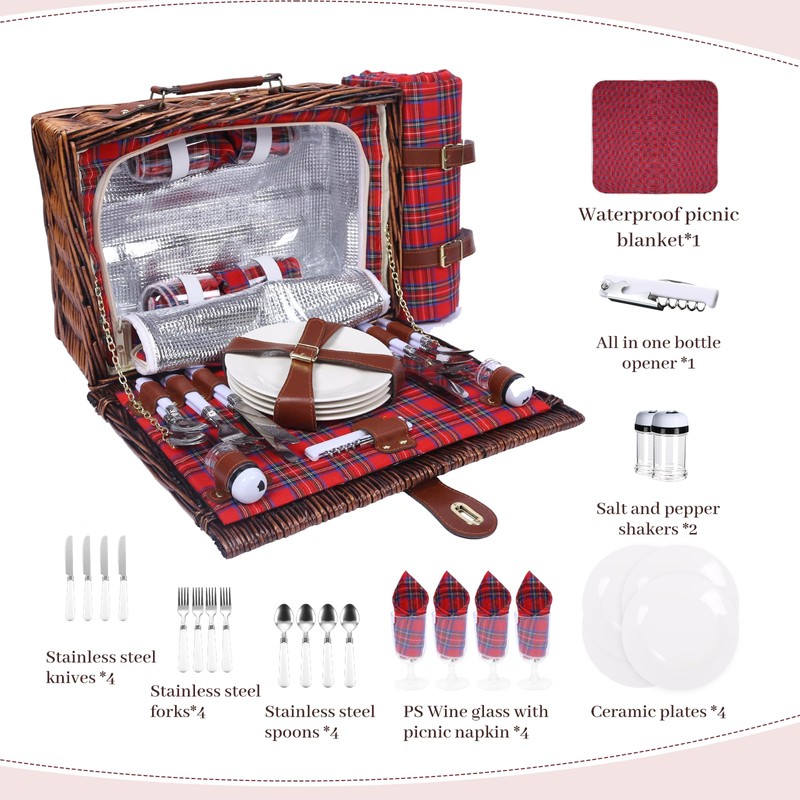 Neti Neti Wicker Picnic Basket for 4 with Insulated Cooler
