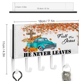 Fall for Jesus He Never Leaves Key Holder Pumpkin Cross Maple Leaves Teal Truck Wall Mount Key Hooks Classic Harvest Thanksgiving Self Adhesive Key Hanger Organizer for Mudroom Entryway 7x4 inch