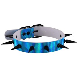 FM FM42 Blue Holographic Hologram PU Black-Tone Spikes Rivets Spiked Punk Rock Gothic Collar Choker Necklace