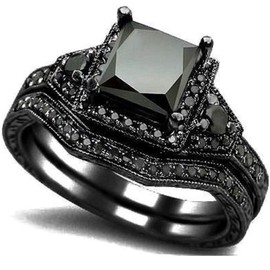 Kingray Jewelry Black Onyx Princess Cut Anniversary Wedding Bridal Ring Set (Black, 5)