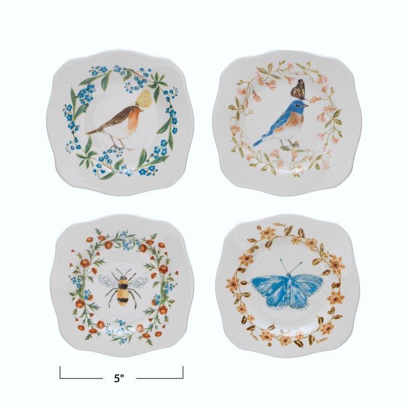 Scalloped Stoneware Plate with Insects, Birds & Flowers, Multi Color,