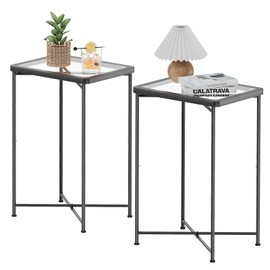 Garden 4 you Small Side Table, Glass End Table Set of 2, Black Outdoor Side Table with Metal Frame, Mini Bedside Table for Living Room, Bedroom, Patio, Small Space, 2pcs