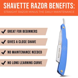 Best Shavette Straight Razor - Replaceable Blade Straight Razor, Metal Handle Shavette, No Stropping or Honing Needed, Great For Beginners, Starter Blade, Hygienic, Close Shave, Leather Case (Blue)