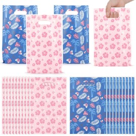 Czlotyh 50 PCS Cartoon Party Gift Bags Tropical Summer Hawaii Style Candy Treat Bag Blue Pink Flower Plastic Goodie Bags with Handles for Boys Girls Birthday Party Favors Baby Shower Supplies