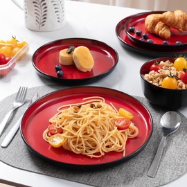 ZAROCRUS 12-piece Dinnerware Sets for 4 - Dinner Plates, Dessert Plates, Cereal Bowls, Lightweight Melamine Plates and Bowls Sets, RV, Kitchen Dishes for Outdoor Use, Red and Black