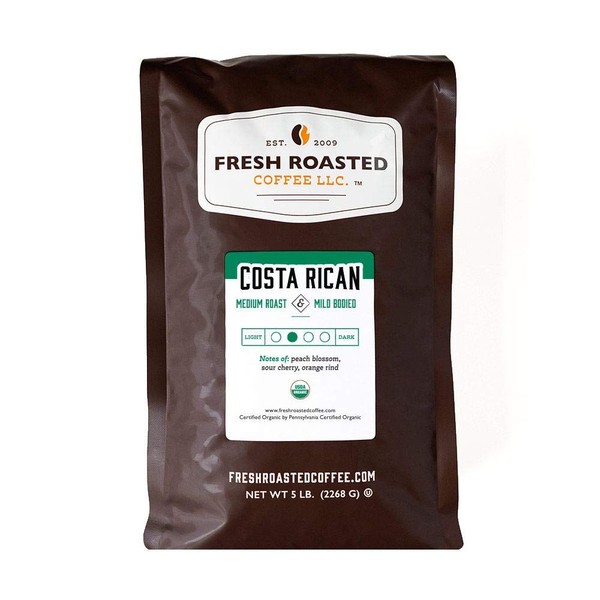 Fresh Roasted Coffee LLC, Organic Costa Rican Coffee, Medium Roast, Whole Bean, 5 Pound Bag