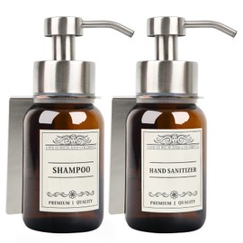 Nobtou Glass Soap Dispenser with Pump and Drill-Free Wall Mount Holder,8.5 Oz Shampoo and Conditioner Dispenser,Dish Soap Dispenser with Waterproof Labels,2 Pack|Silver