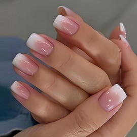 False Nails Tips Press On Nails French, White Pink Gradient Design Tips for Nails Full Cover Acrylic Artificial Fingernails for Salon Square Artificial