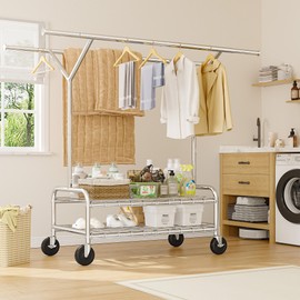 Raybee Heavy Duty Clothes Rack Load 500 LBS, Rolling Clothing Rack with Wheels, Double Rods Clothing Racks for Hanging Clothes, Portable and Adjustable Commercial Clothes Rack, Garment Rack