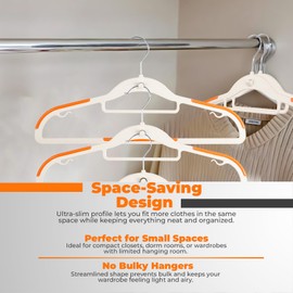 Lightweight White Plastic Hangers 20 Pack with Cascading Hook, Space Saving Thin, Closet Organizer, Orange Anti-Slip Pads, 360° Swivel, Tie Holder, Made in Turkey