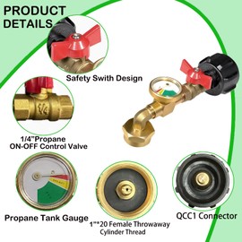 AOPANDA QCC1 Propane Refill Adapter for 1lb, 90 Degrees Propane Refill Adapter with ON-Off Control Valve, for Camping Grill 1LB Bottle Tank 20-40LBS Cylinder，4 Caps Included, Solid Brass
