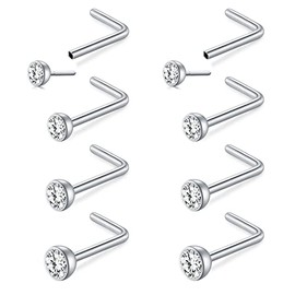 LAURITAMI Nose Piercing Spiral Nose Stud L Shaped Screw Set 20G Stainless Steel Nose Ring Nostril Piercing Silver Diamond, Stainless Steel