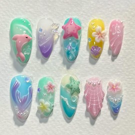 Ocean Press on Nails Medium Almond Fake Nails with Pearl Starfish Design Pink Flower False Nails Shell Dolphin Mermaid Handmade Nails Glossy Summer Ombre Blue Nails for Women Girls Manicure 24Pcs
