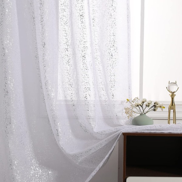 Kotile Sparkle Net Curtains White - Metallic Silver Foil Glitter