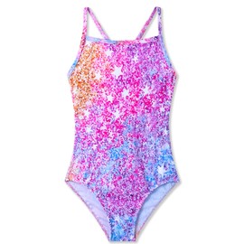 Bathing Suit for Girls 4t 5t Pink Colorful Stars Print Swimsuit with UPF Sun Protection Funny Cool One Piece Swimwear