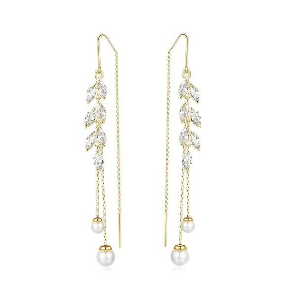 Vetieeimo Long Pearl Dangle Earrings with Cubic Zirconia Hook Threader
