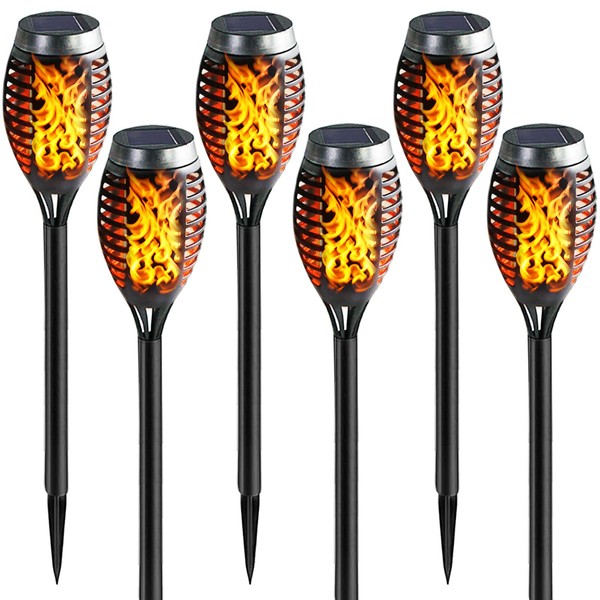 Bright Zeal 6-Pack 7" x 3" LED Solar Torches Pathway Lights - Waterproof Dancing Flame Solar Torches Walkway Lights - Outdoor Solar Torch Lights Garden Stake Lights Warm White Flickering Flame