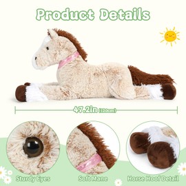 Tezituor 4ft Giant Horse Stuffed Animal, 47 inch Large Brown Pony Plush Toys, Hugging Realistic Horse Plush Pillow Gift for Boys Girls