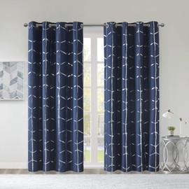 Intelligent Design Raina Total Blackout Metallic Print Grommet Top Single Window Curtain Panel Thermal Insulated Light Blocking Drape for Bedroom Living Room and Dorm, 50x63, Navy/Silver 1 Piece
