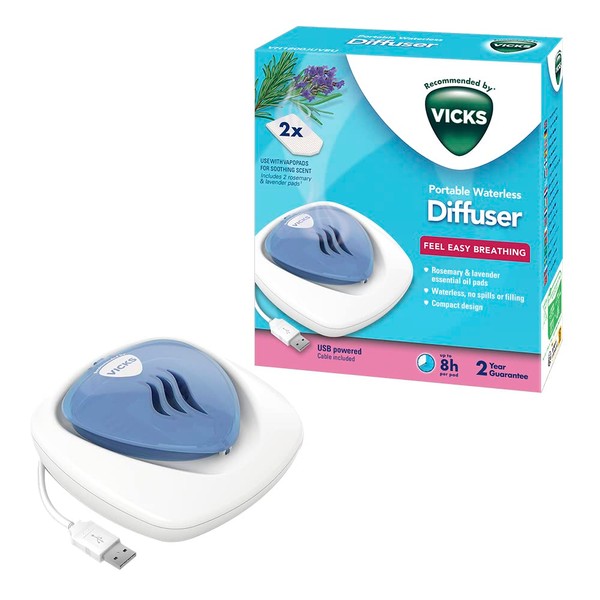 Vicks Portable Waterless Diffuser - USB Plug-In - Easy Breathing - Nightlight Feature - Essential Oil Pads Included - For Children's Bedrooms and Babies Nurseries - VH1800JUVEU