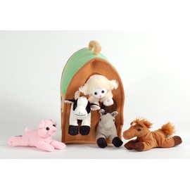 Plush Farm House with Animals- Five (5) Stuffed Farm Animals (Horse, Lamb, Cow, Pig, Grey Horse) in Play Farm House