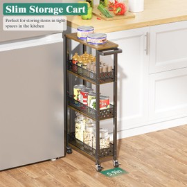 Giwil 4-Tier Slim Rolling Storage Cart for Kitchen Bathroom Organizer, Mobile Narrow Storage Cabinet Utility Cart with Wood Rack on Wheels for Pantry Laundry Small Space