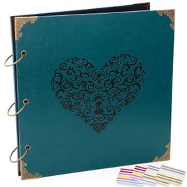 ADVcer Photo Album DIY Scrapbook, 10x10 inch 50 Pages Vintage Leather Cover Three-Ring Binder Love Picture Booth Albums with 408pcs Self Adhesive Photos Corners for Memory Keep, Heart (Jasper Green)