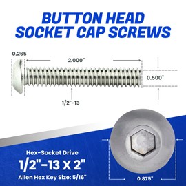 1/2-13 x 2" Button Head Socket Cap Screws 18-8 Stainless Steel, Quantity 5, Allen Hex Drive by Fastenere