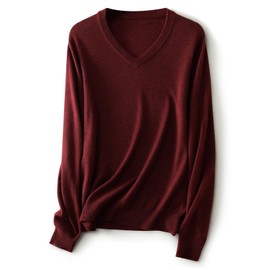 Ciovkis Women's Merino Wool Blend Sweater Fall Winter V Neck Long Sleeve First-Line Ready to Wear Seamless Knit Sweater (Dark Red,L)