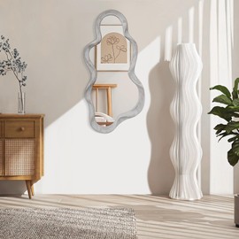 Irregular Cloud Wall Mirror Asymmetrical Mirror Modern Wood Frame Miiror Unique Shape Wall Mounted Vanity Artistic Mirror Decor for Living Room Bedroom Bathroom Entryway Hallway Large Vintage Grey