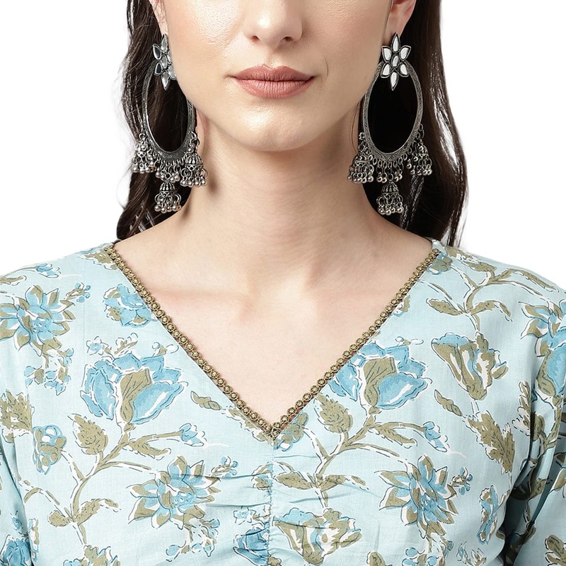 FIORRA Kurta acampanada de algodón puro con pantalón para mujer,