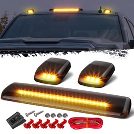 Partsam 3Pcs Smoked Lens Amber Cab Marker Lights Replacement for Silverado/Sierra 1500 2500 3500 2015 2016 2017 2018 2019 Amber 30 LED Cab Roof Top Clearance Marker Running Lights Lamps w/Wiring Pack