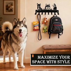 Dog Leash Holder for Wall with 8 Hooks, Heavy Duty Metal Leash Hanger & Key Holder, Entryway Organizer for Pet Leashes, Keys, Hats - Corgi Husky French Bulldog Design