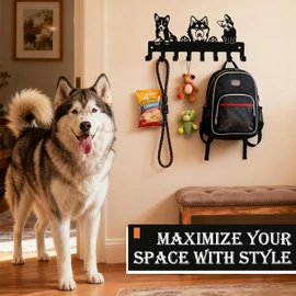 Dog Leash Holder for Wall with 8 Hooks, Heavy Duty Metal Leash Hanger & Key Holder, Entryway Organizer for Pet Leashes, Keys, Hats - Corgi Husky French Bulldog Design