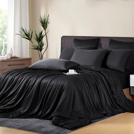 YASMENG Bamboo Bed Linen 135 x 200 cm Black Bed Linen 50% Bamboo and Microfibre Silky Bed Linen Soft Breathable Shiny Bamboo Fibres Bed Linen 2-Piece with Zip and 80 x 80 cm Pillowcase