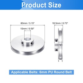 sourcing map 2Pcs Single Groove Pulley, 15mm Fixed Bore 80mm Outer Diameter Aluminum Alloy Mechanical Belt Pulley with Hex Wrench for 6mm PU Round Belt