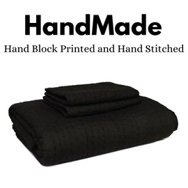 Bless International Handmade Organic Cotton Kantha Quilt Luxury Comforter 3-Pieces Set - Lightweight Block Printed & Stitched - Cal King, Black Color Bedspread (Includes 1 Quilt and 2 Pillow Shams)