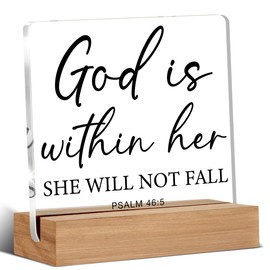 Christian Decor, Inspirational Religious Gifts for Her, Bible Verse Desk Decor, God is Within Her She Will Not Fall Acrylic Office Home Signs Decorations 4 x 4 Inches